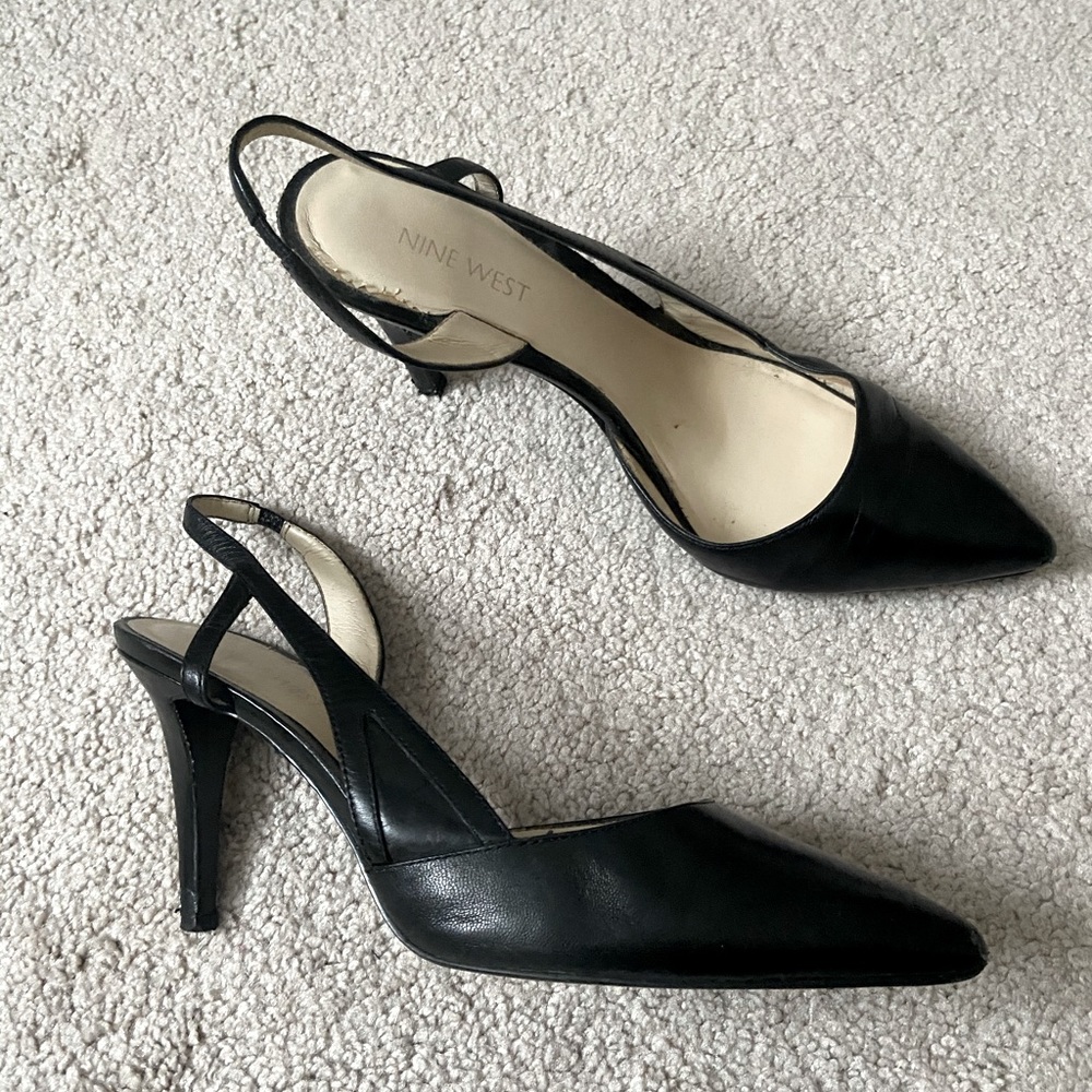 Nine West black leather slingback heels